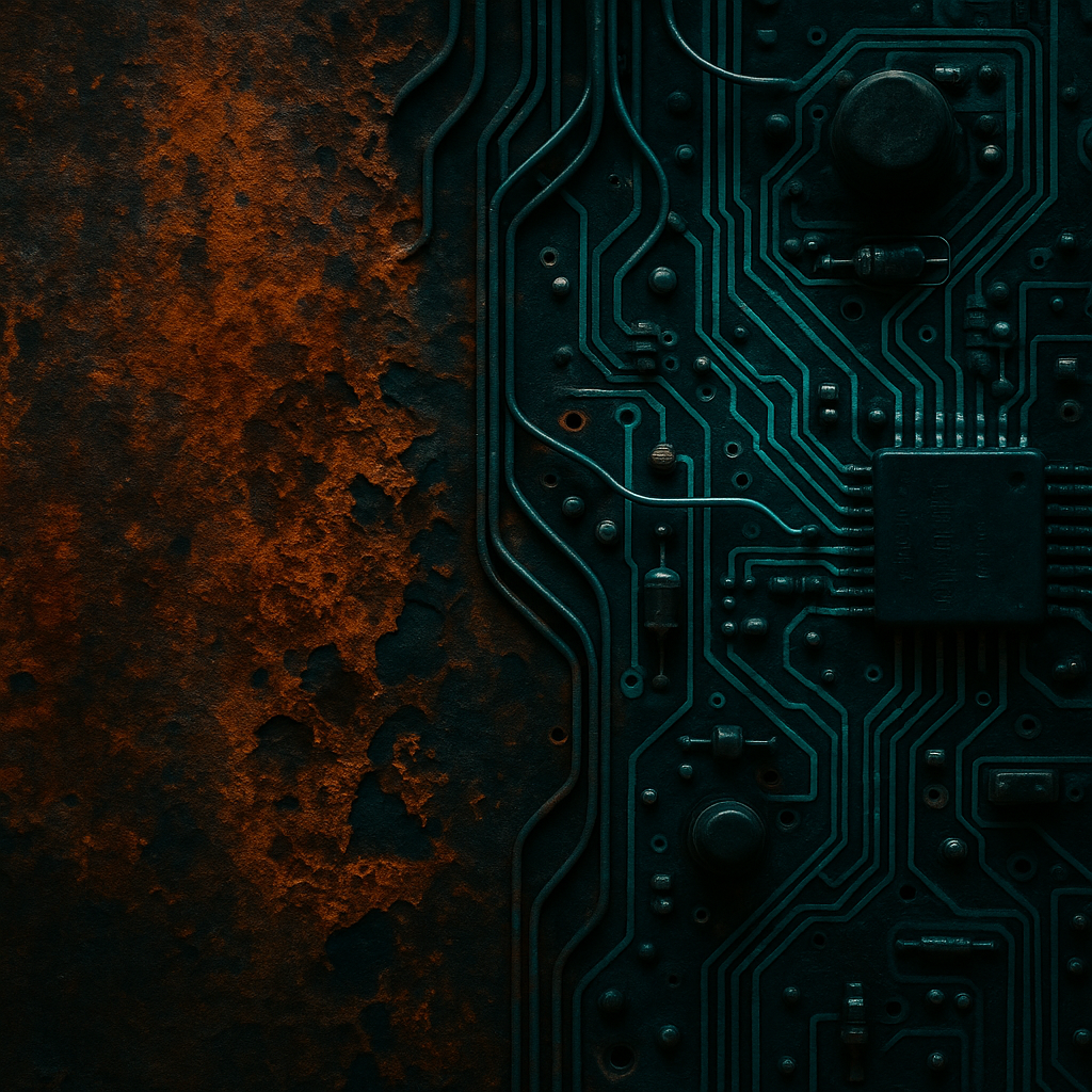 Rust textures and circuitry collage